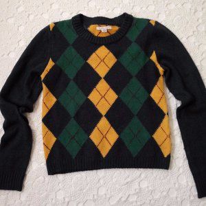 American Eagle Argyle Sweater Yellow Blue Green PullOver Crew Neck Small Women